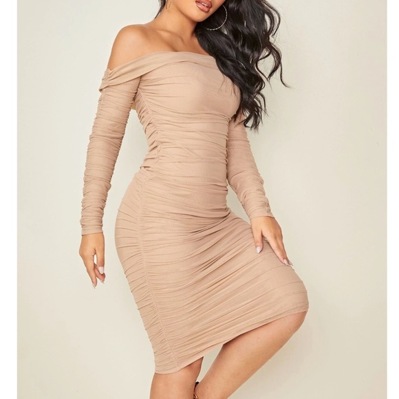 Rouge! Dresses & Skirts - Nude Mesh Ruched Off Shoulder Dress